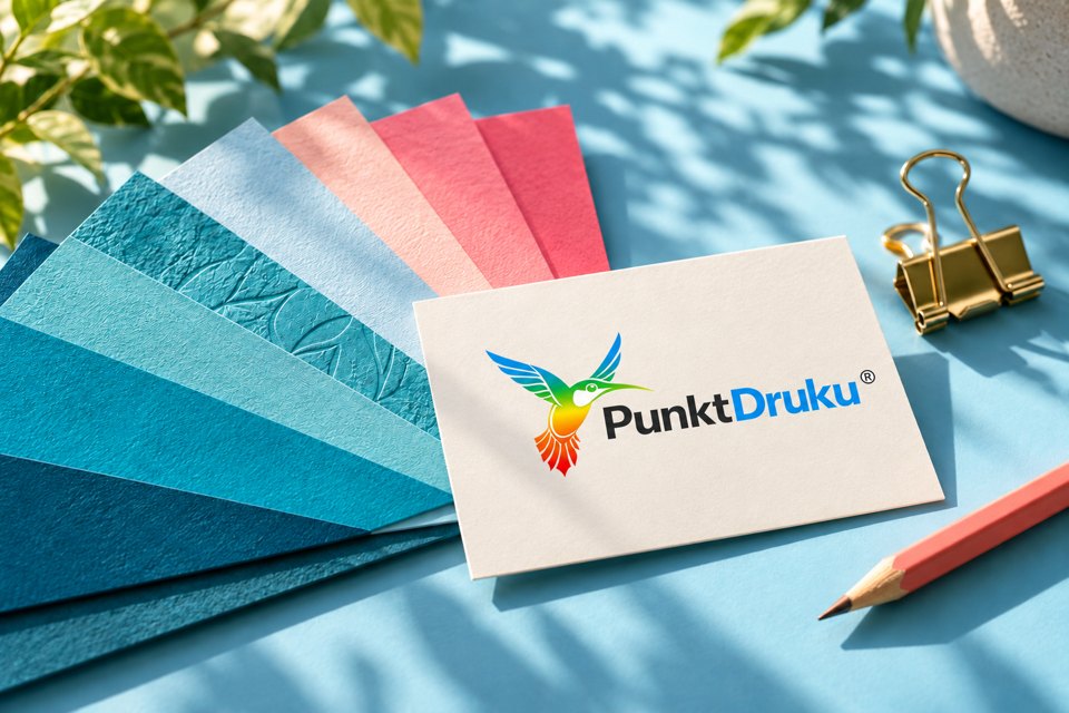 Próbki papieru i wizytówka z logo Punkt Druku